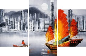 Festmény - Victoria Harbour, Hong Kong, fekete-fehér olajfestmény (90x60 cm)