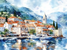 Vászonkép Canvas Horvátország Dalmácia Tenger Hegyek Marina Sétálóutca 100x75