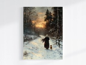 Vászonkép Canvas Tájkép Erdő Ösvény Tél Hó Nő Kutya 75x100