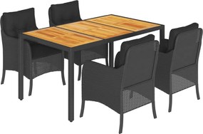 vidaXL 5 részes fekete polyrattan kerti étkezőgarnitúra párnákkal