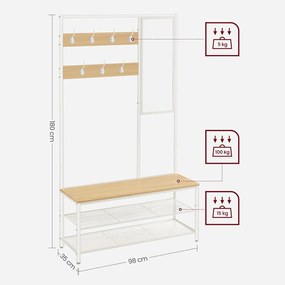 Kabáttartó állvány cipőtárolóval, előszobafal tükörrel és cipőspolcokkal 35x98x180 cm, tölgy színű és fehér