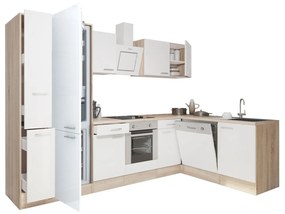 Yorki 310 sarok konyhabútor sonoma tölgy korpusz,selyemfényű fehér front alsó sütős elemmel alulagyasztós hűtős szekrénnyel