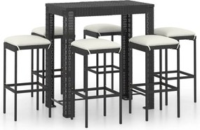 vidaXL 7 részes fekete polyrattan kerti bárszett párnákkal