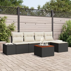 6 Részes Kerti Sofa Szett Párnákkal Fekete Poli Rattan Akácia