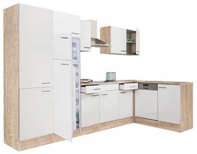 Yorki 340 sarok konyhabútor sonoma tölgy korpusz,selyemfényű fehér fronttal polcos szekrénnyel és felülfagyasztós hűtős szekrénnyel