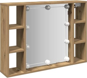 vidaXL kézműves tölgy szerelt fa tükrös szekrény LED-ekkel 76x15x55 cm