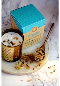 Organikus füstölő gyertya Frankincense &amp; Myrrh200 g üvegben, aranyfóliával