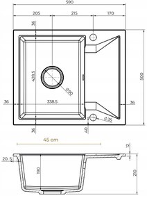 Mosogató Minőségi Obszidián, konyhai gránit mosogató 590x500x210 mm + arany szifon, fekete, SKQ-OBS.C.1KKO.XG