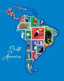 Illusztráció South America Animals Stamp Map, drmakkoy