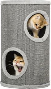 PawHut hordó alakú macskakaparó, 60 cm magas × 35 cm átmérő – 2 szintes macskabútor 2 kuckóval, plüss szegéllyel, 1–2 macskához (max. 5 kg/db), világo