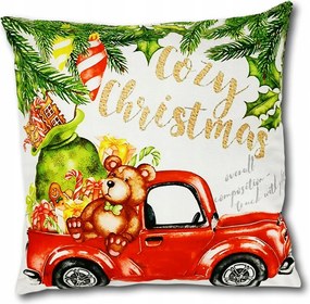 Karácsonyi párnahuzat Maci teherautó karácsonyfa