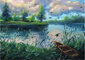 Kép - olajfestmény, Nyári este a tónál (70x50 cm)
