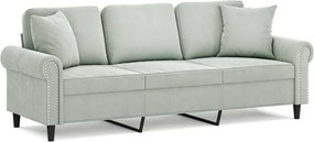 vidaXL 3 személyes világosszürke bársony kanapé díszpárnákkal 180 cm