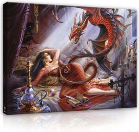 Vászonkép 80x60 Fantasy sárkány nő mágia piros arany legenda