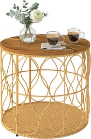 Outsunny kerek kisasztal Ø50 cm — időjárásálló rattan hatás, akácfa asztallap, állítható lábak, 80 kg teherbírás — Teak | Aosom