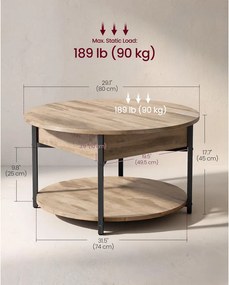 VASAGLE kerek emelhető dohányzóasztal rejtett rekeszzzel, 80 cm, teveszürke-fekete