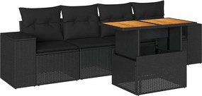 vidaXL 5 részes fekete polyrattan kerti kanapészett párnákkal