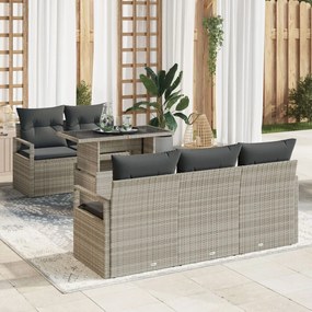 6 részes kerti kanapé szett párnákkal, világosszürke poli rattan, 2 személyes kerti kanapé tárolóval és párnákkal, szürke poli rattan