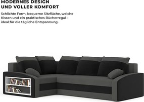 Grande sarokkanapé polcokkal , polc a bal karfaban, baloldali, szövet anyag, bonell töltet, szürke - fekete