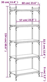 5 szintes sonoma tölgy szerelt fa könyvespolc 60 x 30 x 154 cm