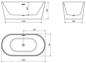 Mexen Luna, szabadon álló kád 150 x 75 cm, fehér-fekete, réz túlfolyó, 52031507575-65