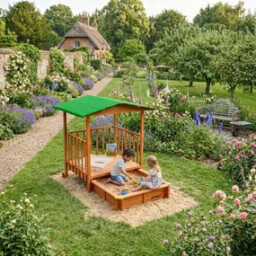 SUNNY verandás homokozó, 130x130x143cm, barna/zöld Jurhan