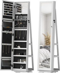 HOMCOM Álló Ékszertükrös Ékszertartó 360°-ban Forgó Ékszerláda Zárral, Hátoldali Polcokkal és Beépített Kis Tükrökkel 38x38x160 cm Fehér Mottós | Aoso