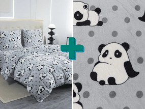 Mikroplüss ágyneműgarnitúra + lepedő 180x200 cm PANDA szürke, franciaágyra