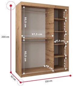 VETORA 1 200 tolóajtós szekrény, 200x200x62, tölgy artisan/fehér