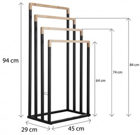 Erga Kona, négykaros törölközőtartó 45x29x94 cm, fekete matt-barna, ERG-YKA-P.KONA-4-BLK