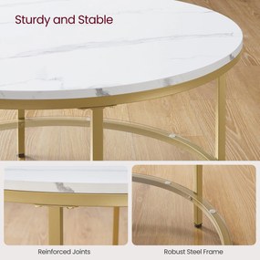 Kerek műmárvány nappali asztal tárolós polccal, modern stílusban, 80 cm átmérő