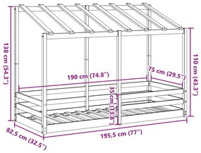 fehér tömör fenyőfa gyerekágy tetővel 75 x 190 cm