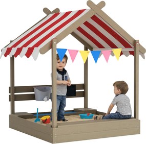 Outsunny Tetővel Ellátott Homokozó, Fa Homokozó Ülőhellyel, Játszóház, 124 x 116 x 146 cm Homokozó Fekete Táblával 3-7 Éves Gyerekeknek, Kert, Szürke