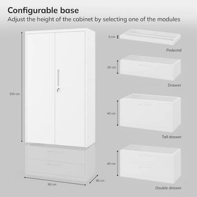 Moduláris többfunkciós fém szekrény fiókkal fehér MEGAN 1850 x 900 x 400 mm