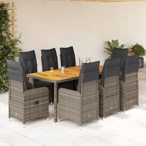 9 részes szürke polyrattan kerti bisztrógarnitúra párnákkal