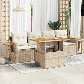 5 részes bézs polyrattan és akácfa kerti ülőgarnitúra párnákkal