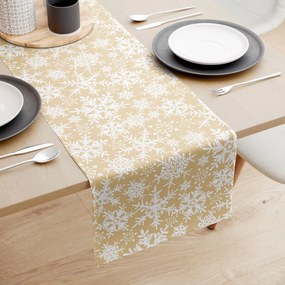 Goldea karácsonyi pamut asztali futó - hópihék aranyszínű alapon 35x180 cm