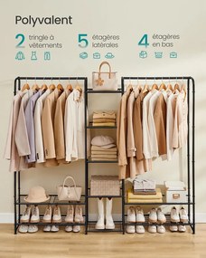 Ruhatartó állvány rúddal és polcokkal, fém kabáttartó, matt fekete