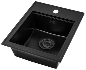 SINK Quality Mosogató Minőségi Ferrum Új 4050, 1 kamrás gránit mosogató 400x500x185 mm + fekete szifon, fekete, SKQ-FER.4050.BK.XB