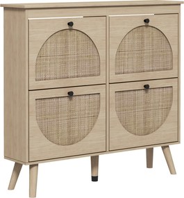 HOMCOM Cipőszekrény 4 Hajtós Fiókkal Cipőtároló 20 Párhoz Állítható Polccal Bohém Stílus Szilárd Fa Lábakkal 105 x 24 x 97,5 cm | Aosom