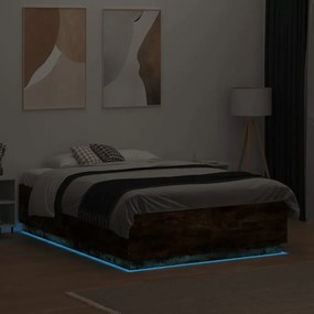 füstös tölgy színű szerelt fa ágykeret LED-del 135x190 cm
