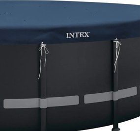 Kerek medencetakaró, Intex Deluxe négyévszakos, csővázas medencéhez, 732 cm átmérő, sötétkék, UV-álló háromrétegű anyag, 20 cm-es túlnyúlással, köteles rögzítéssel (28091)