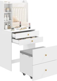 HOMCOM Makeup Vanity with Mirror and Rolling Storage Stool, Cabinet, Drawers, Open Shelves, Linen-Effect Padded Stool, Space-Saving, Modern, White | A