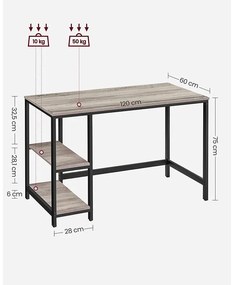 Íróasztal 120x60 cm, számítógépes asztal 2 polccal bal vagy jobb oldalon, greige