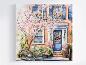 Vászonkép Canvas Város Utca Bérház Ajtó Virágok Kerékpár 80x80