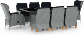 vidaXL 9 részes világosszürke polyrattan kültéri étkezőszett párnákkal