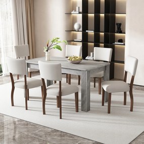 Szürke étkezőasztal és 6 db fehér szék étkező szett