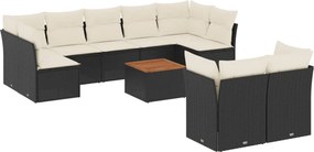 vidaXL 10 részes fekete polyrattan kerti ülőgarnitúra párnákkal