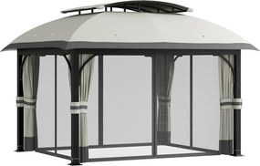 Outsunny Kerti Pavilon Két Rétegű Tetővel, 4x3.3m Vízálló, Strapabíró, Télálló Pavilon Szúnyoghálóval és Oldalfalakkal, Horganyzott Fém Kivitelben, Ke