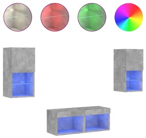 4 darab betonszürke falra szerelhető TV-szekrény LED-del